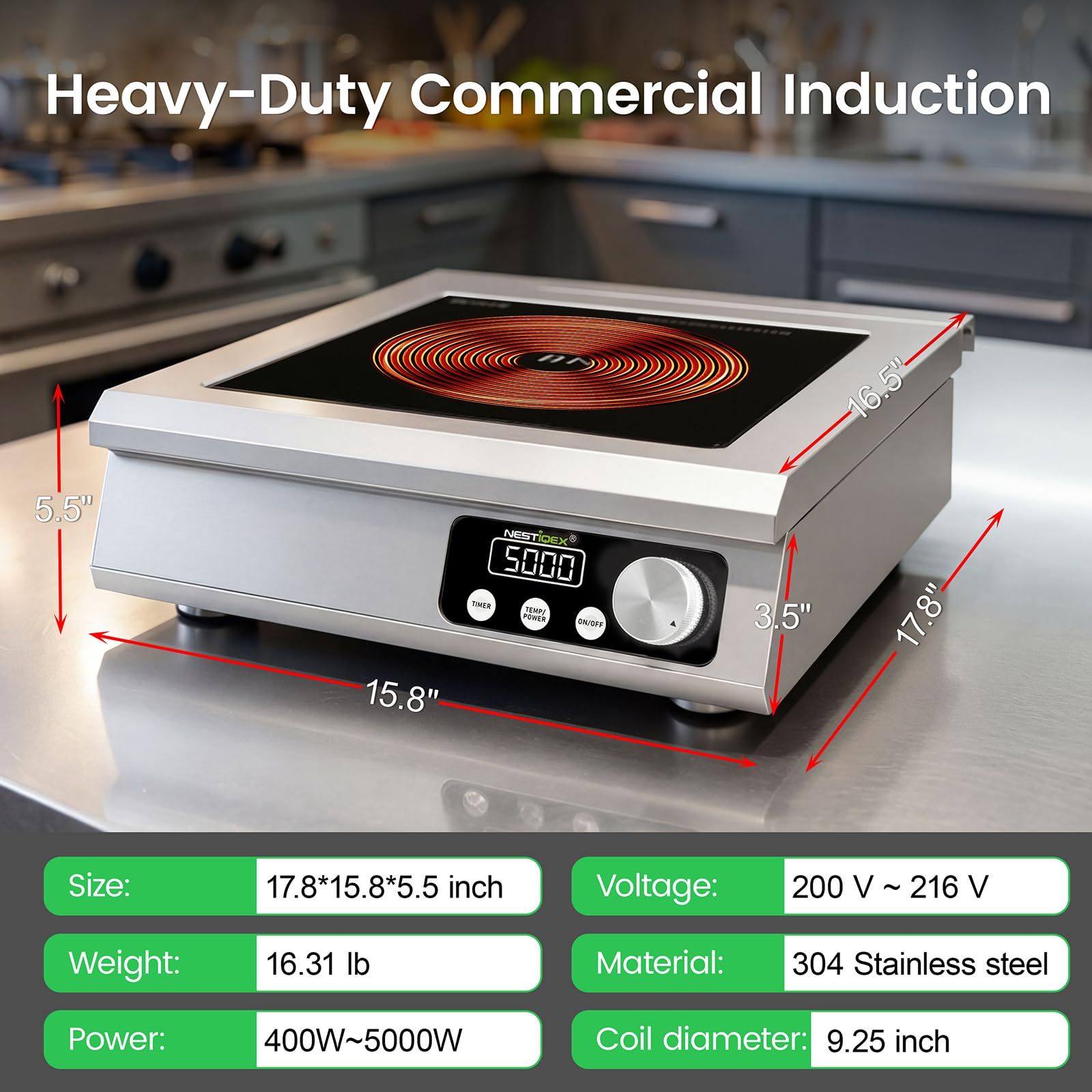 5000W 3-Phase 9.25" Large Coil Commercial Induction Cooktop