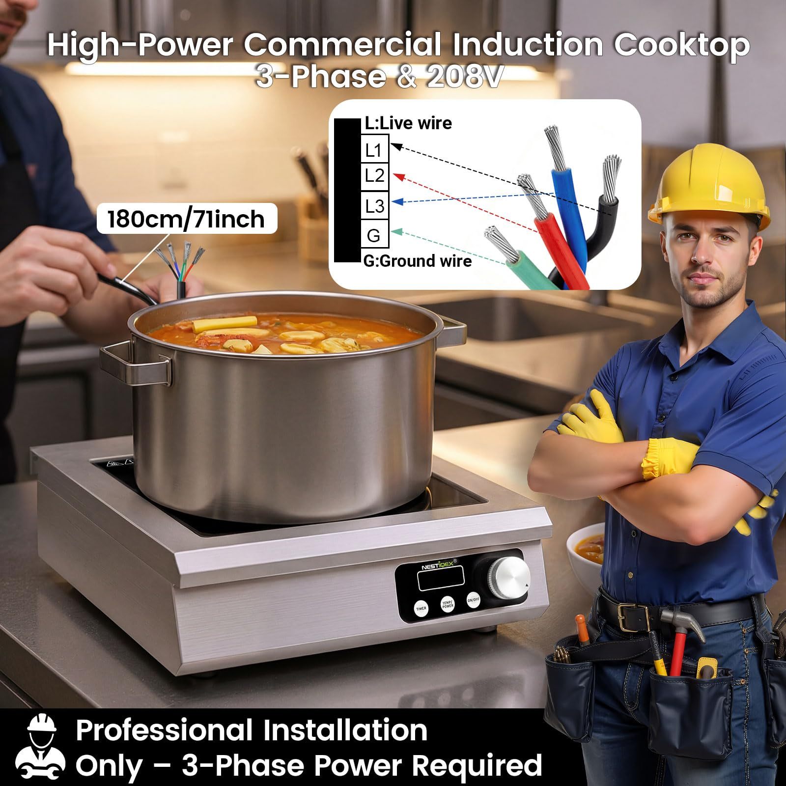 5000W 3-Phase 9.25" Large Coil Commercial Induction Cooktop