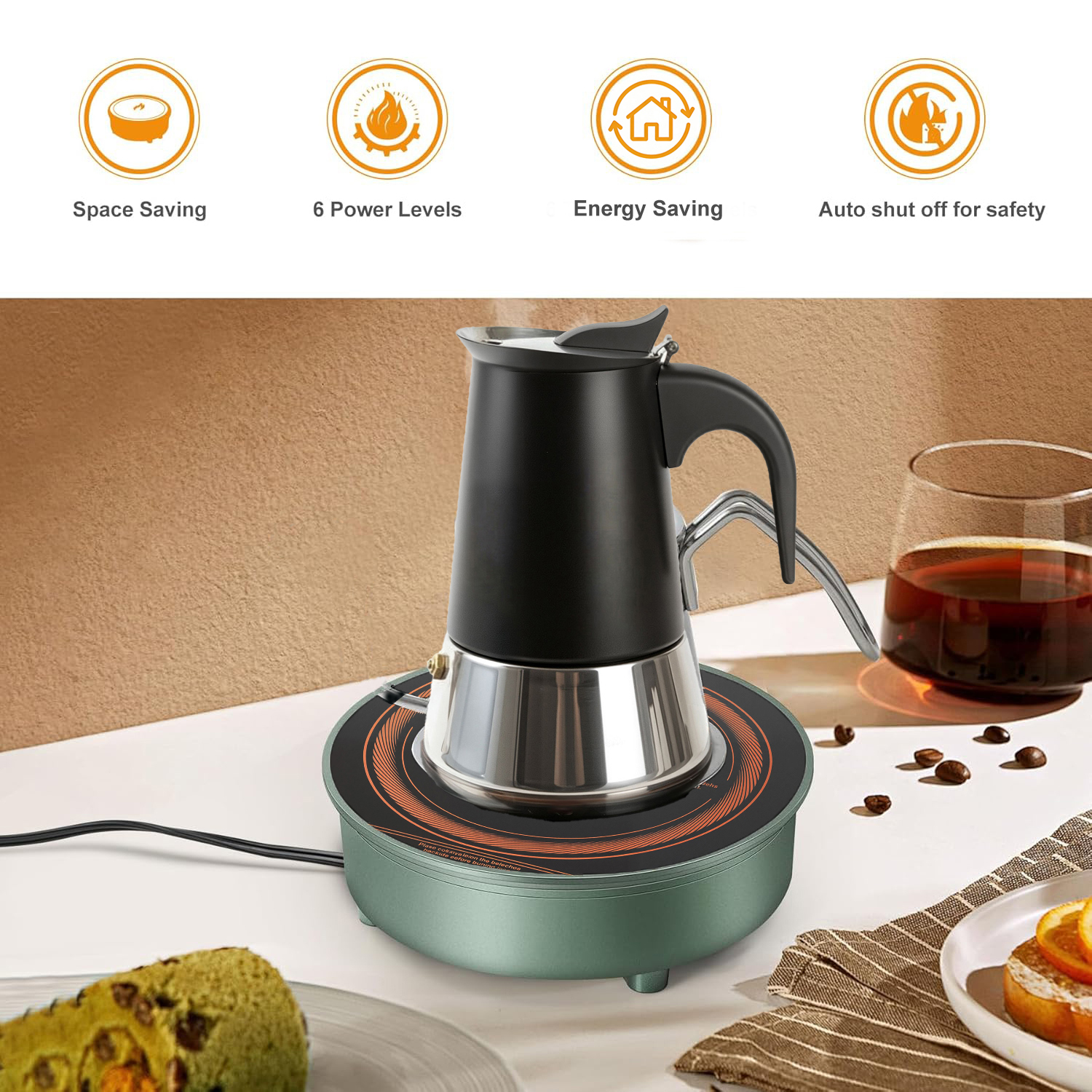 700W Remote Wired Button Panel Control Mini Induction Cooktop With Stainless Steel Moka Pot
