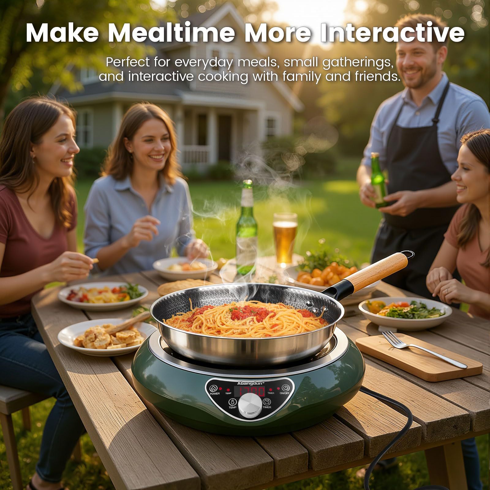 1700W Concave Induction Wok Cooktop with Stainless Steel Wok Pan