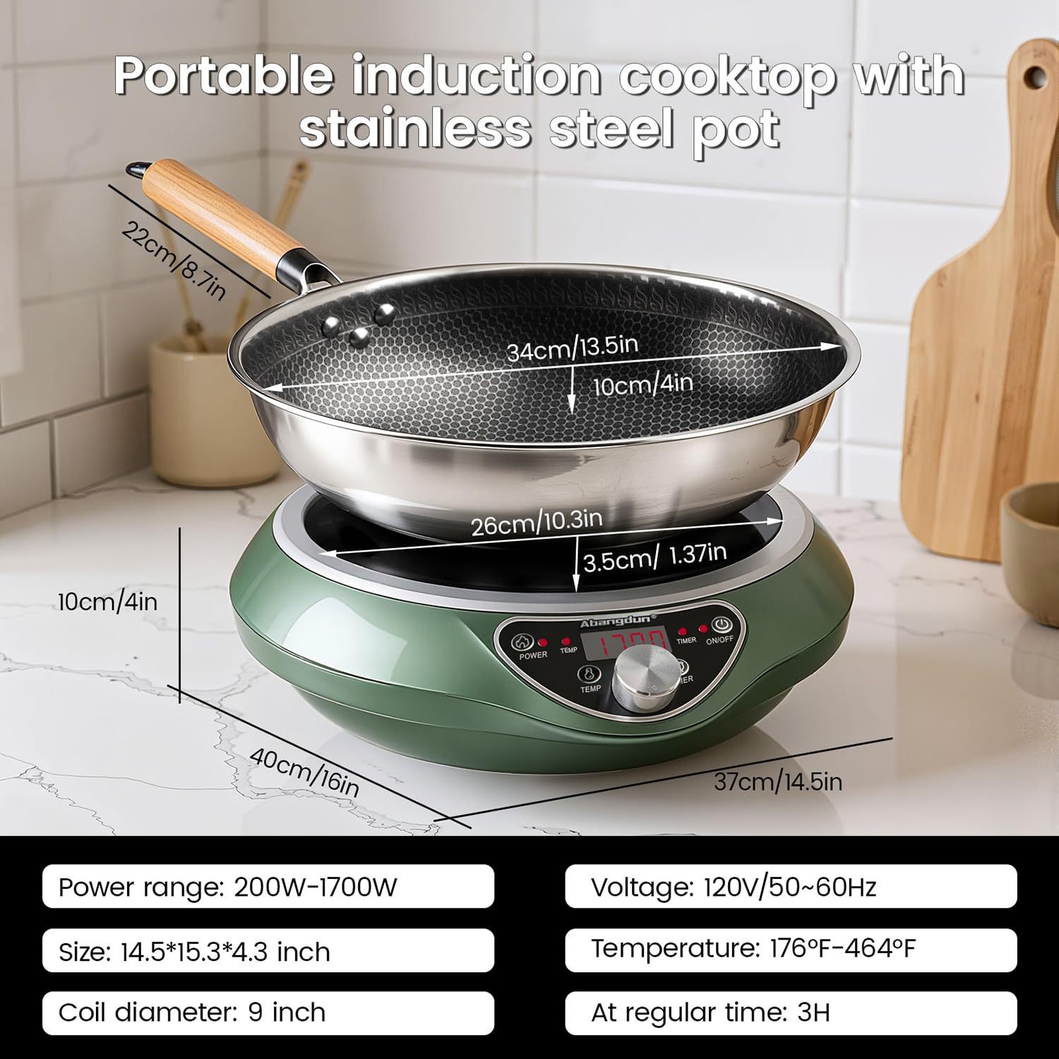 1700W Concave Induction Wok Cooktop with Stainless Steel Wok Pan