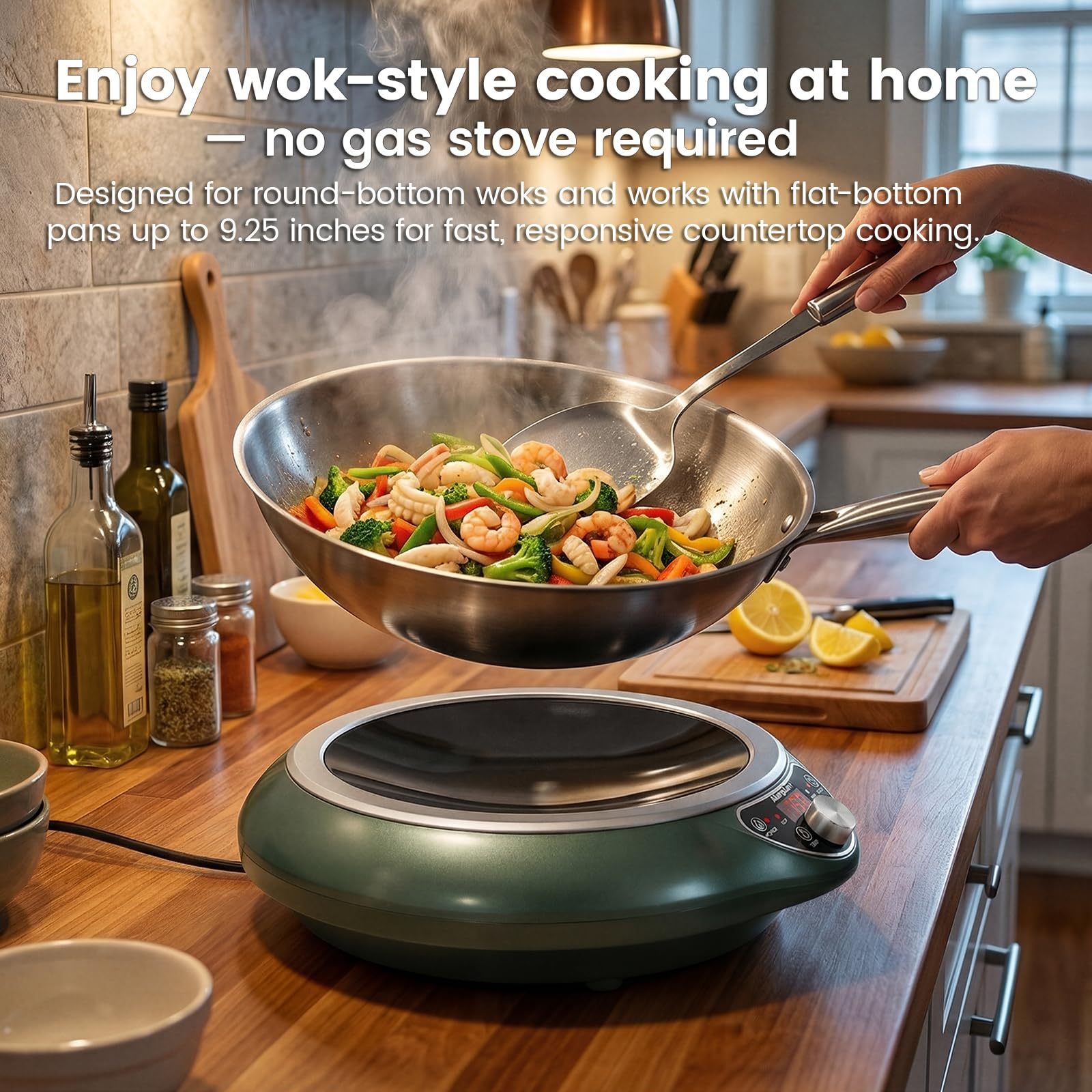 1700W Concave Induction Wok Cooktop with Stainless Steel Wok Pan