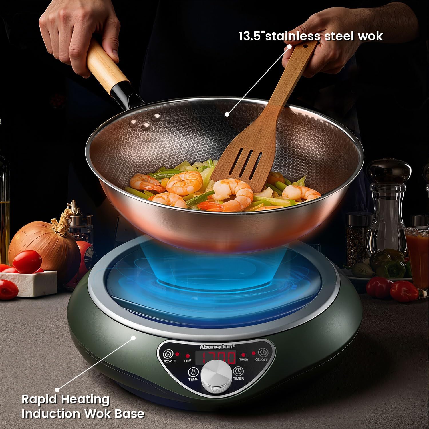 1700W Concave Induction Wok Cooktop with Stainless Steel Wok Pan
