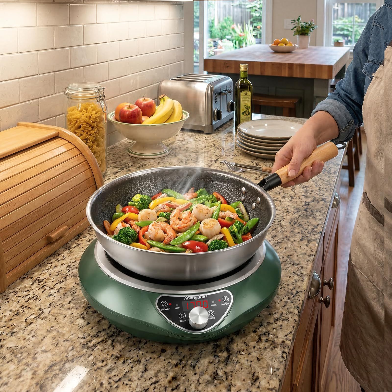 1700W Concave Induction Wok Cooktop with Stainless Steel Wok Pan