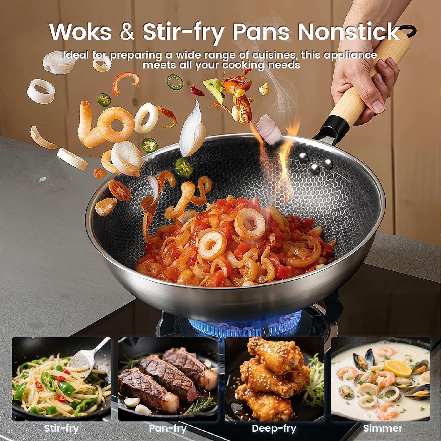 1700W Concave Induction Wok Cooktop with Stainless Steel Wok Pan