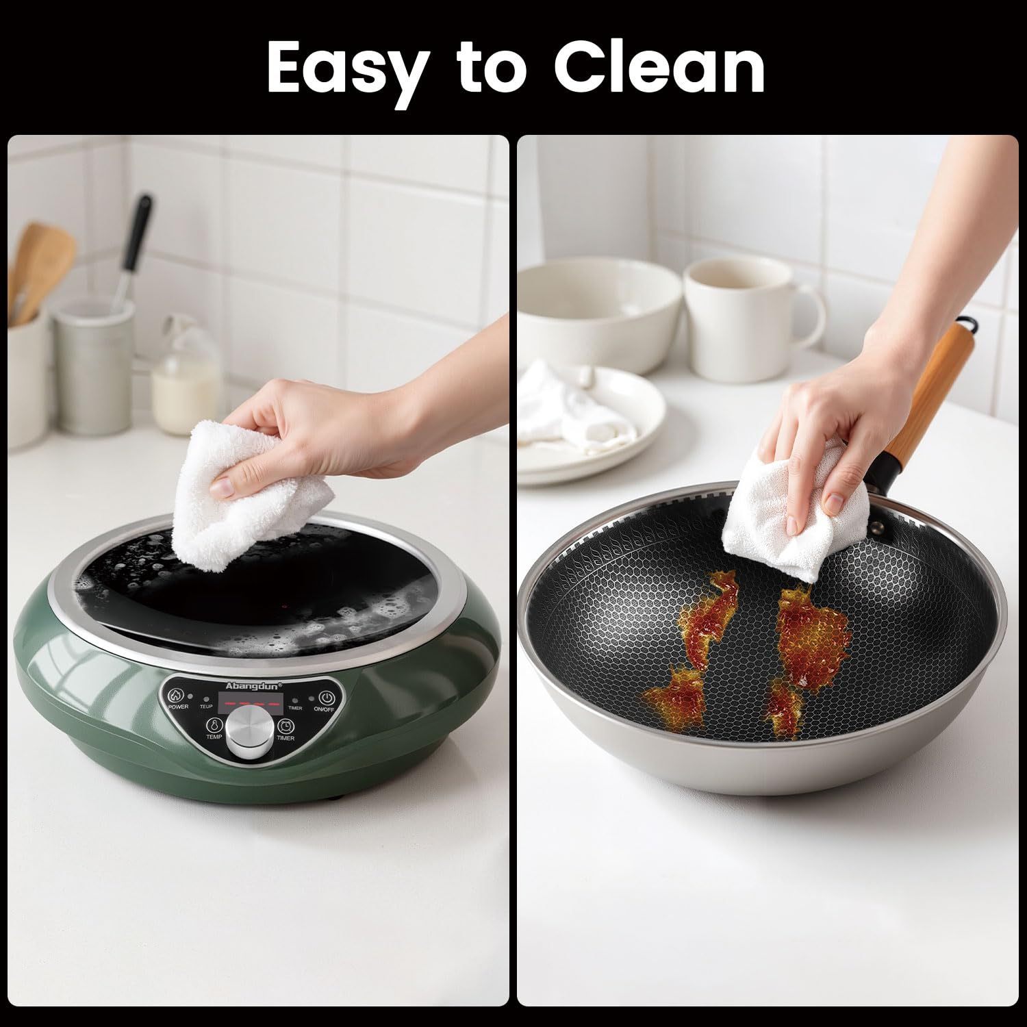 1700W Concave Induction Wok Cooktop with Stainless Steel Wok Pan