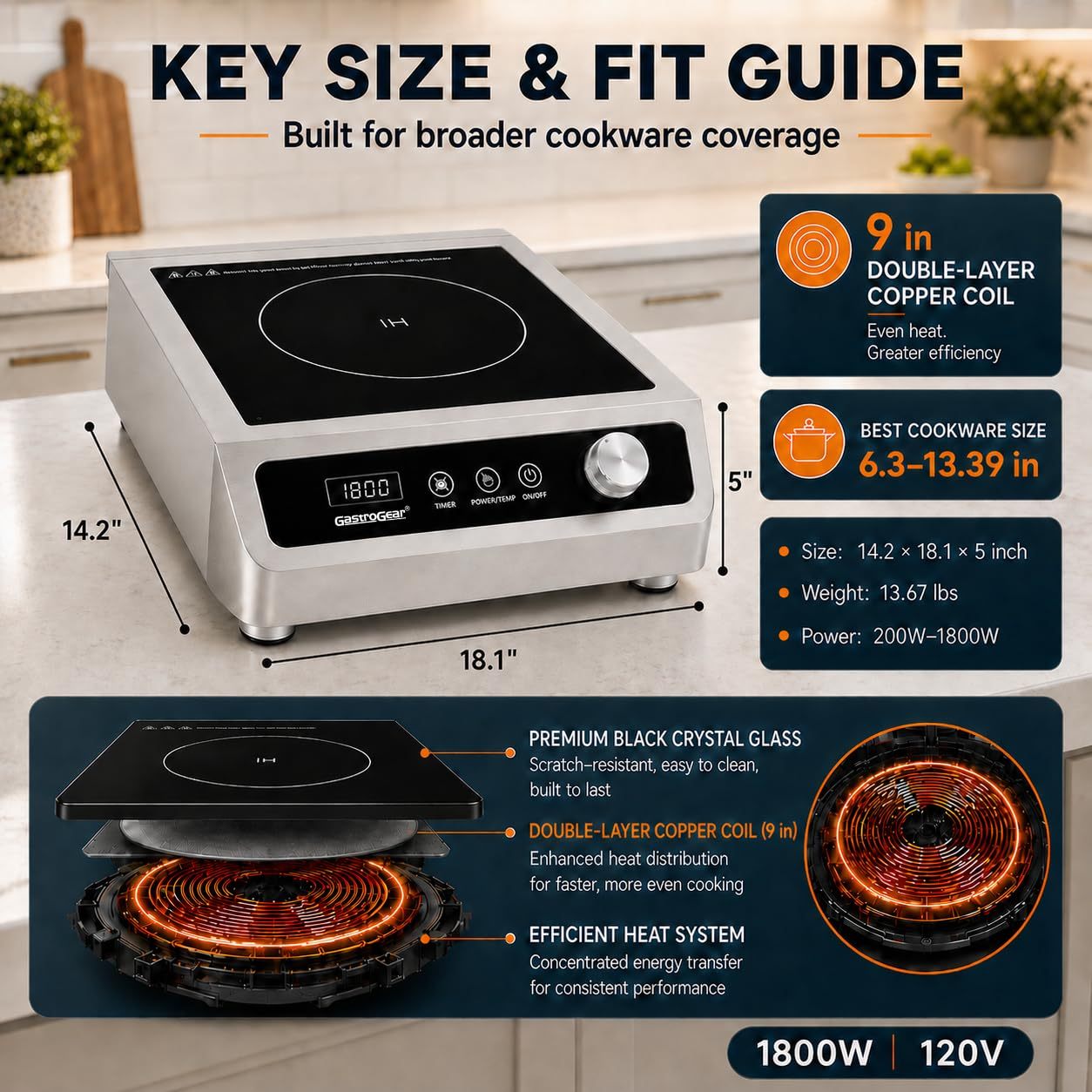 1800W 120V 9.25" Large Coil Commercial Induction Cooktop With Touch&Knob Control