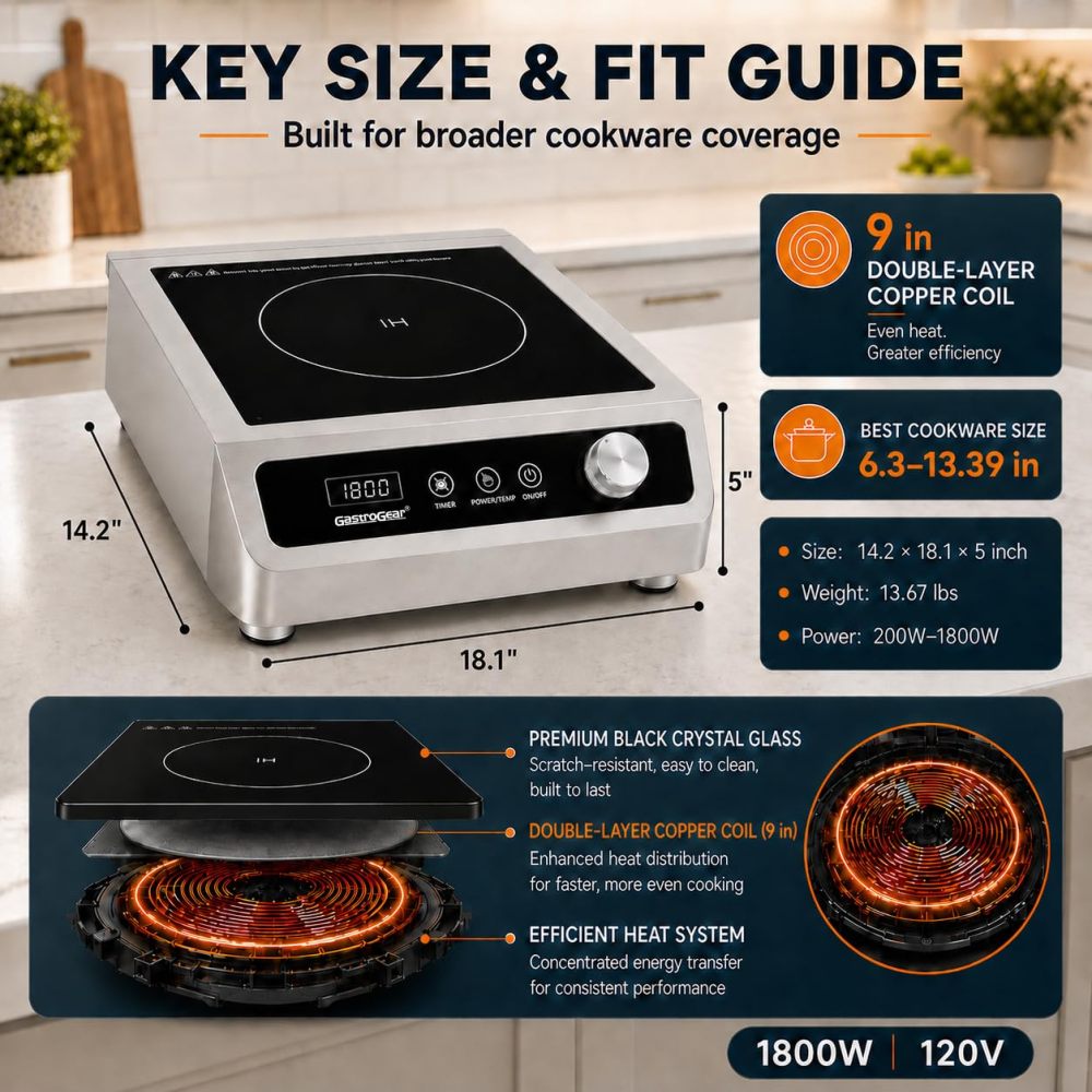 1800W 120V 9.25" Large Coil Commercial Induction Cooktop With Touch&Knob Control