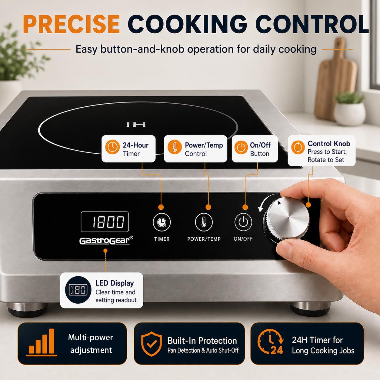 1800W 120V 9.25" Large Coil Commercial Induction Cooktop With Touch&Knob Control