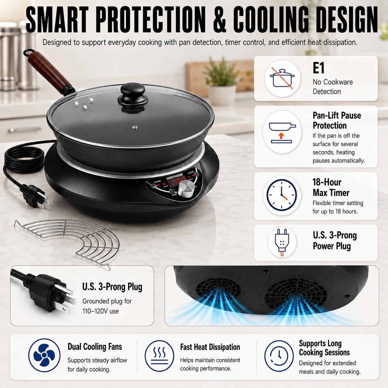 Abangdun 1700W 100V～185V Induction Cooktop Concave Curved Surface 2026 New Electric Stove Wok Burner 16 Watts 200~1700W Real Precise Power/Temp Ctrl Countertop Commercial Cooker Hot Plate Pot Countertop Hob Heater Portable Kitchen Cooking Camp Outdoor
