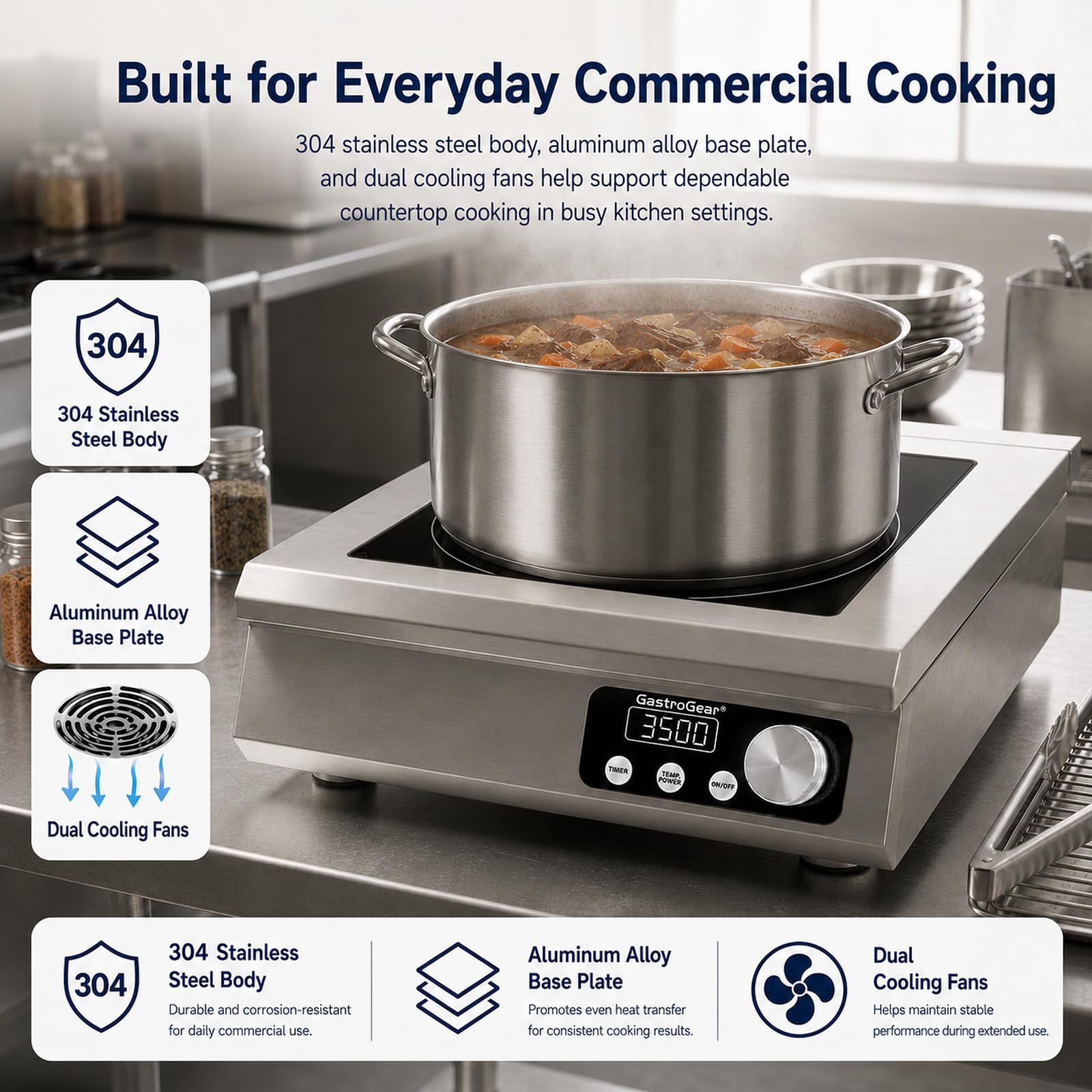 3500W 120V 9.06 Inch Large Coil Commercial Induction Cooktop With 18H Timer