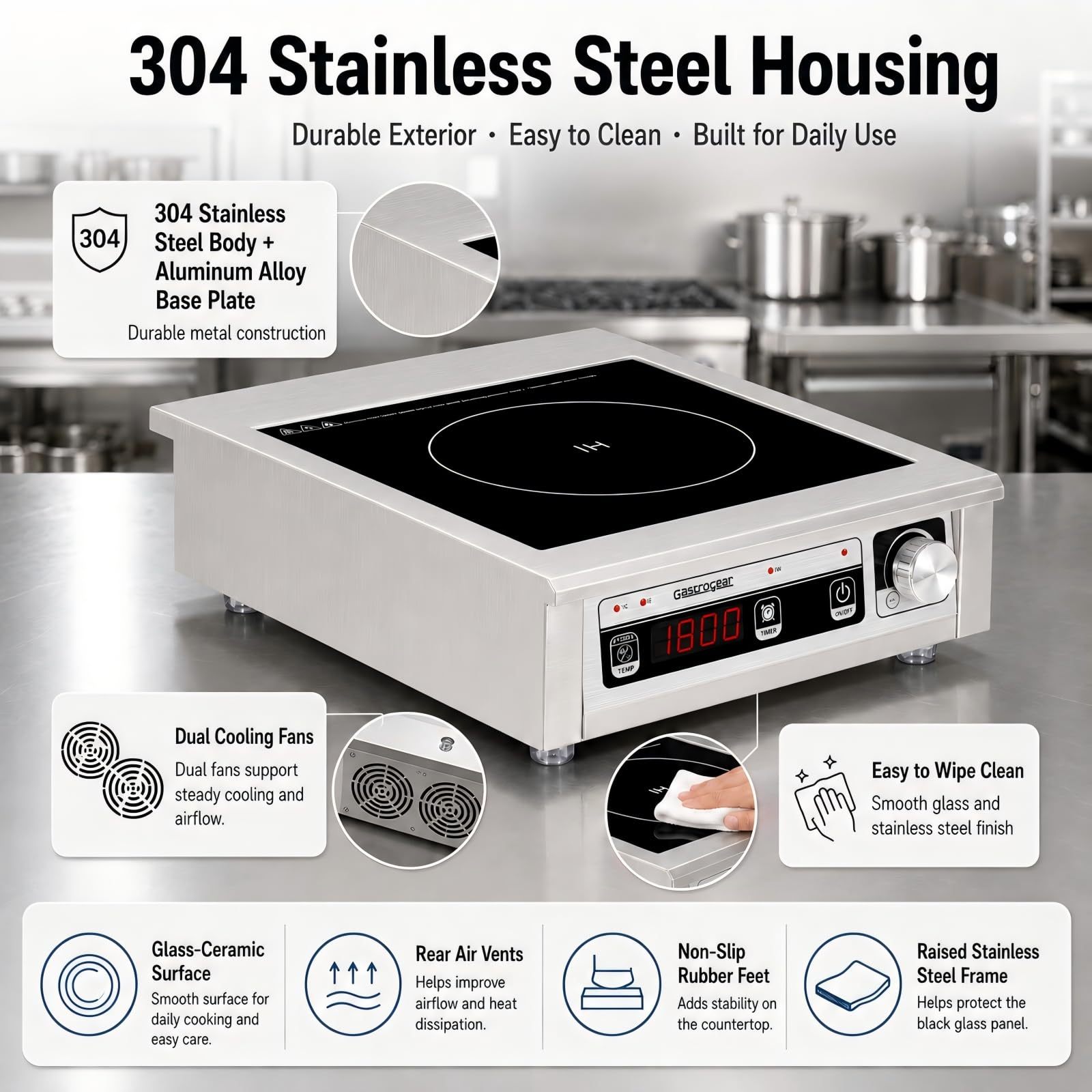GastroGear 1800W Commercial Induction Cooktop  With Button&Knob Control