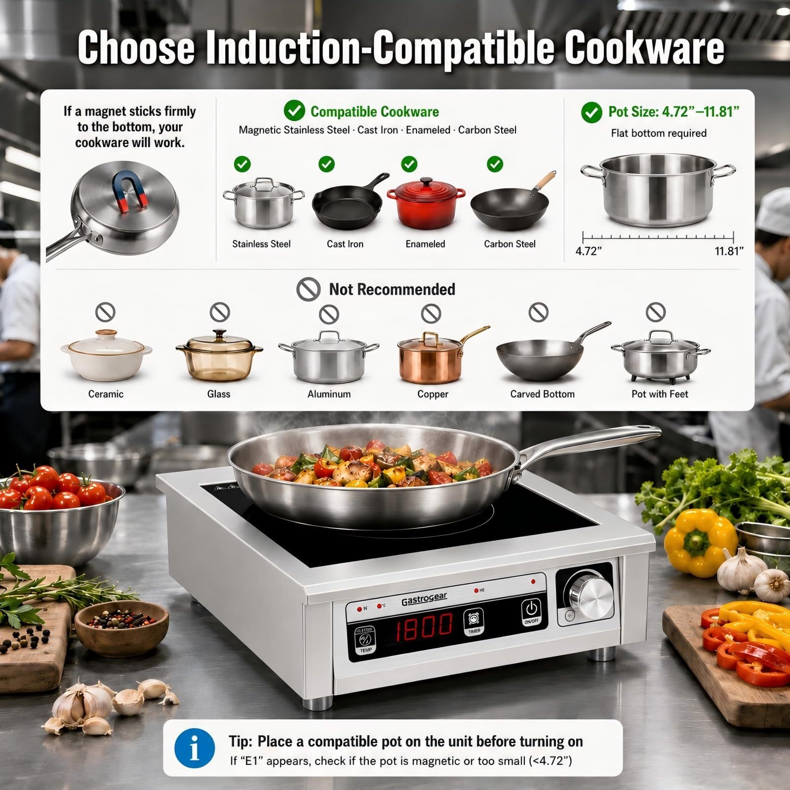GastroGear 1800W Commercial Induction Cooktop  With Button&Knob Control