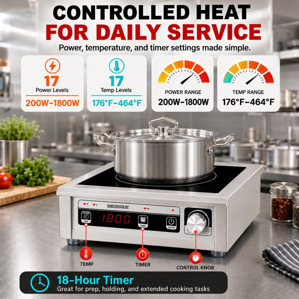 GastroGear 1800W Commercial Induction Cooktop  With Button&Knob Control