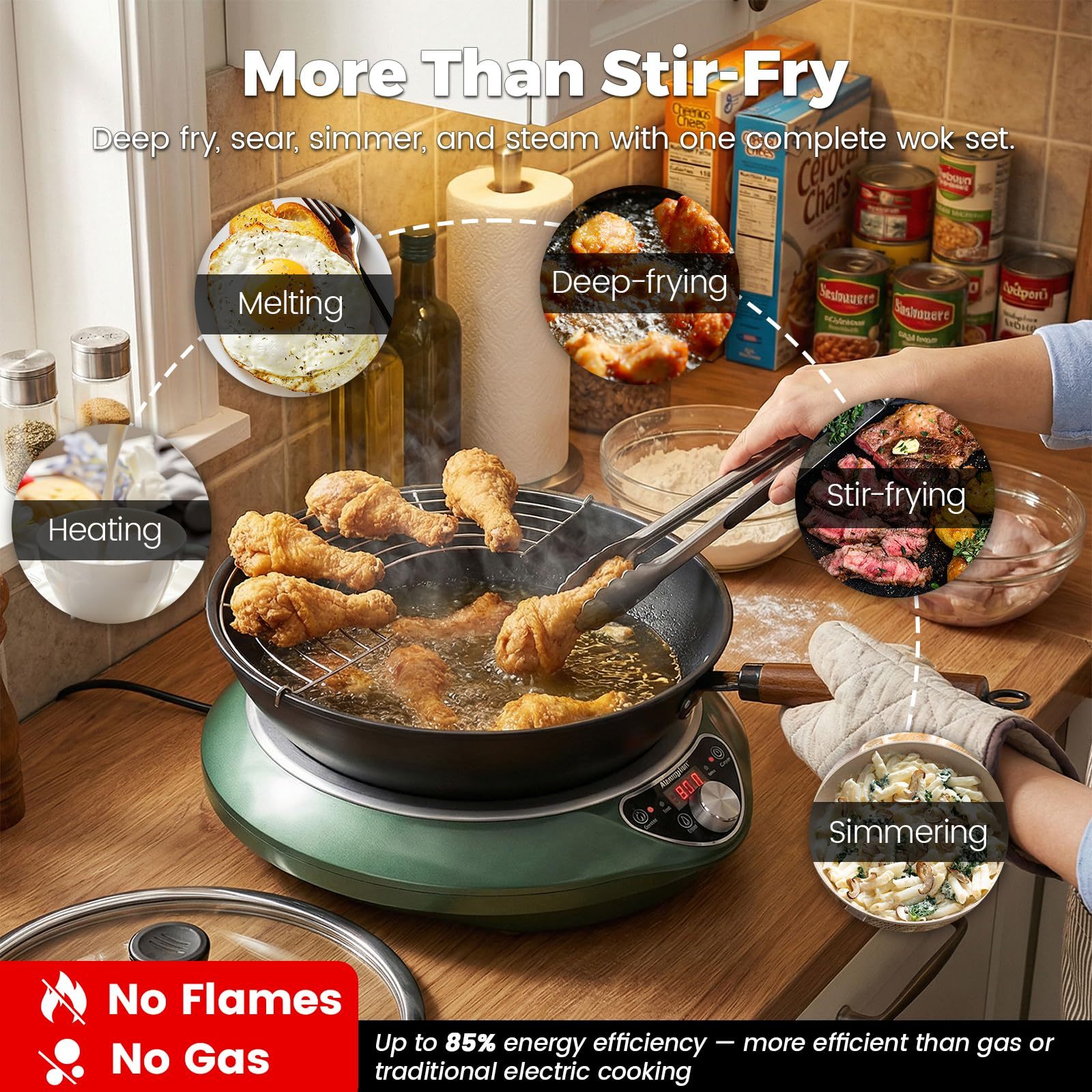 1700W Concave Induction Wok Cooktop with Carbon Steel Wok