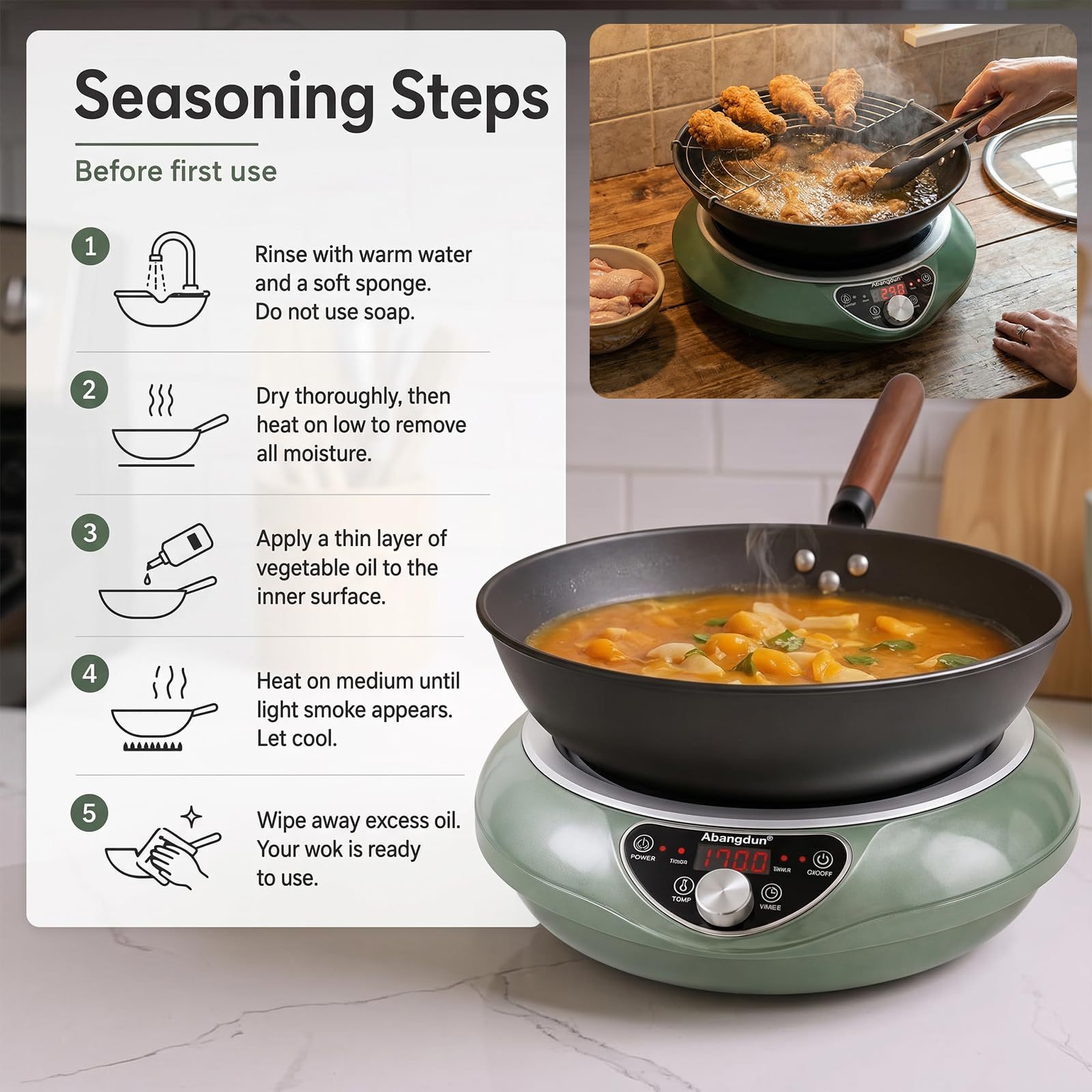 1700W Concave Induction Wok Cooktop with Carbon Steel Wok