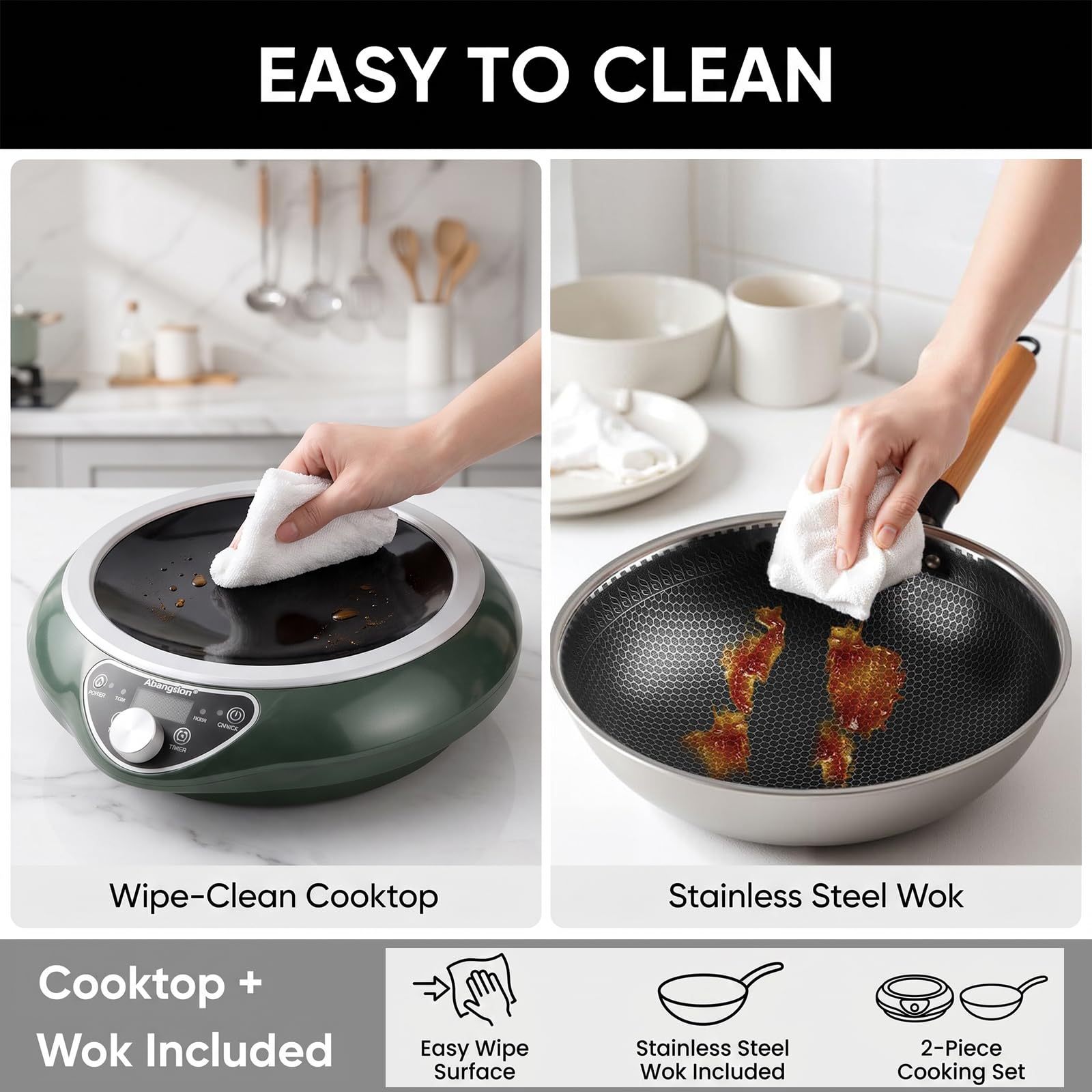 1700W Concave Induction Wok Cooktop with Stainless Steel Wok Pan