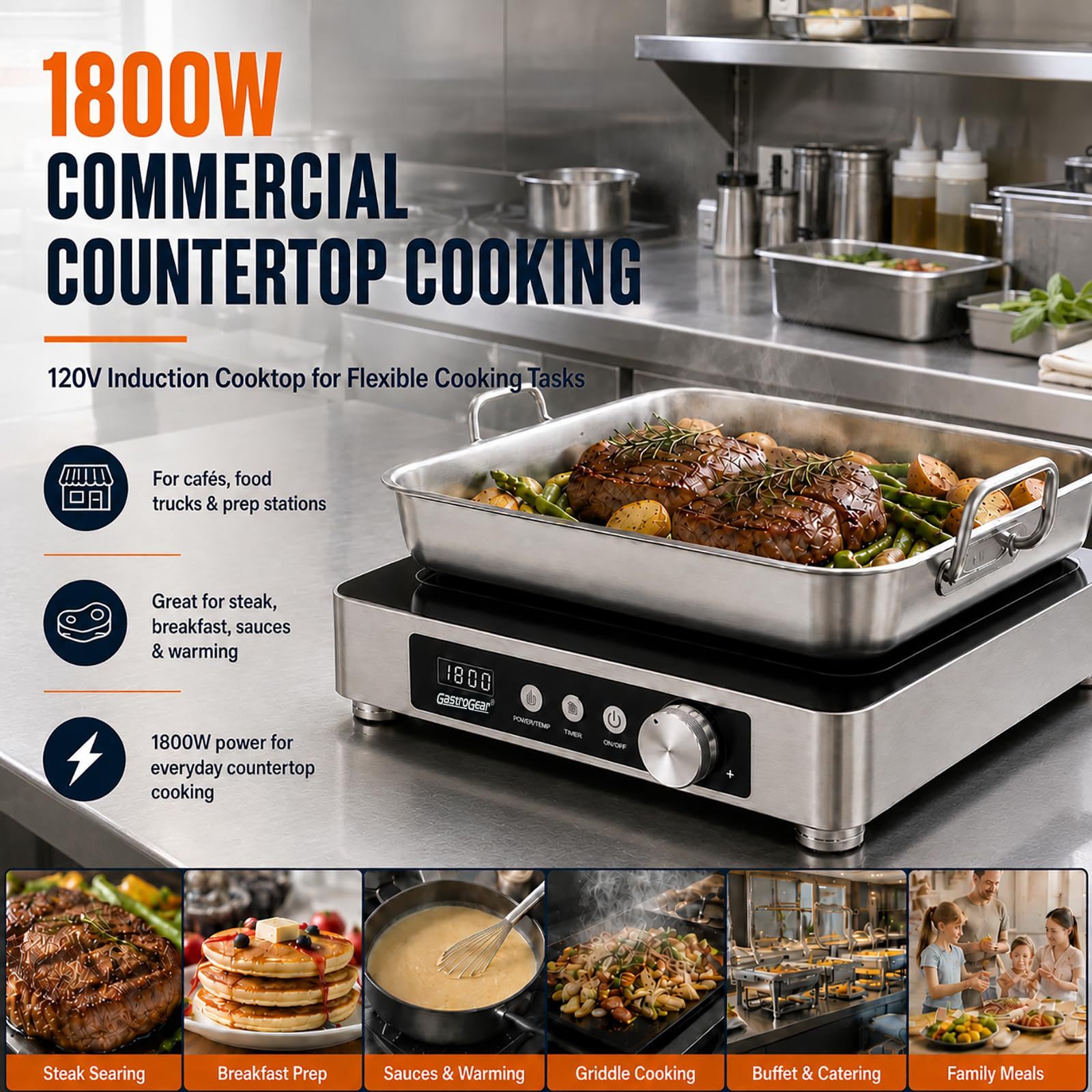 GastroGear 1800W  Large Heating Area Induction Cooktop with Touch&Knob Control