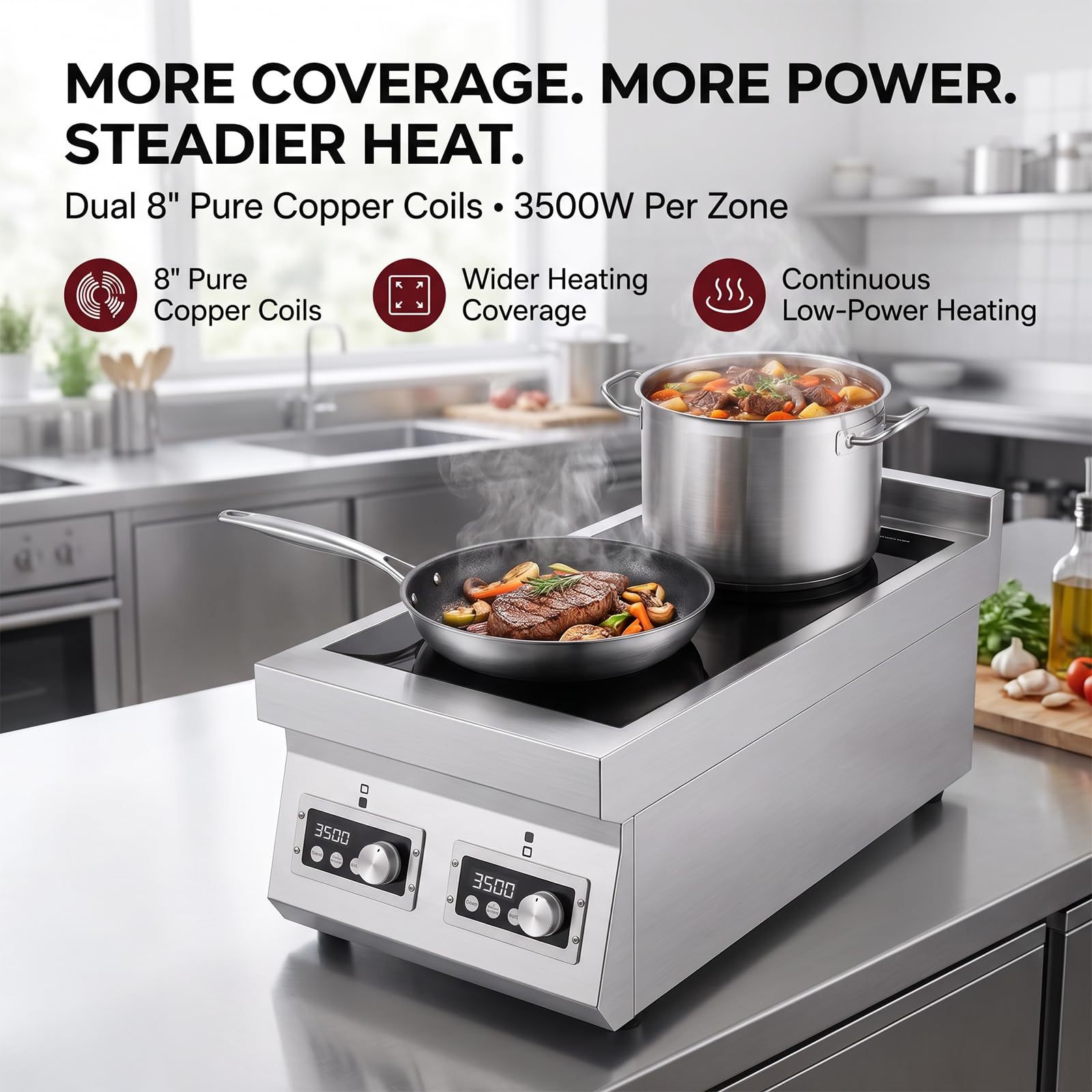3500W 3-Phase 2-Burner Countertop Induction Cooker With Touch&Knob Control | Vertical