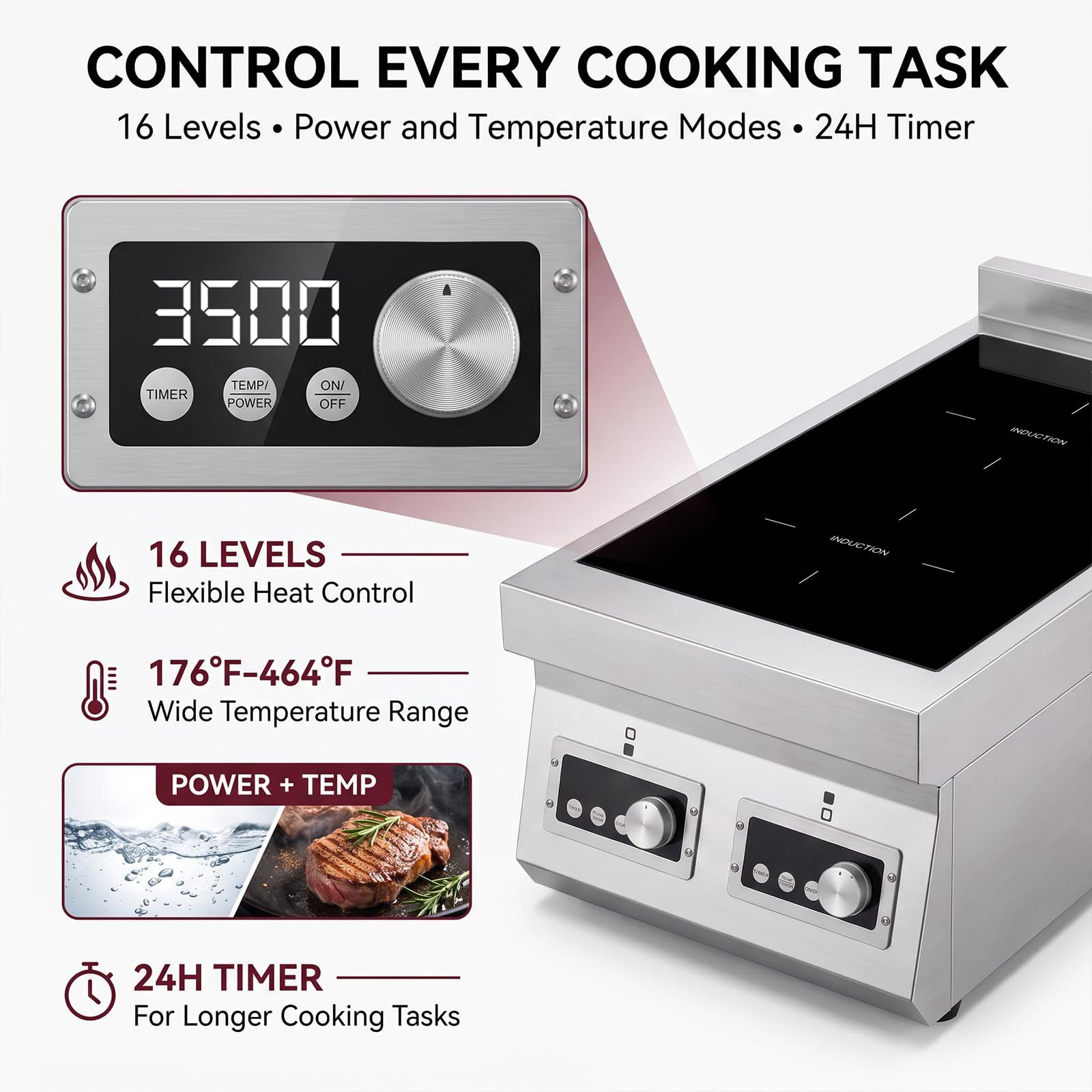 3500W 3-Phase 2-Burner Countertop Induction Cooker With Touch&Knob Control | Vertical