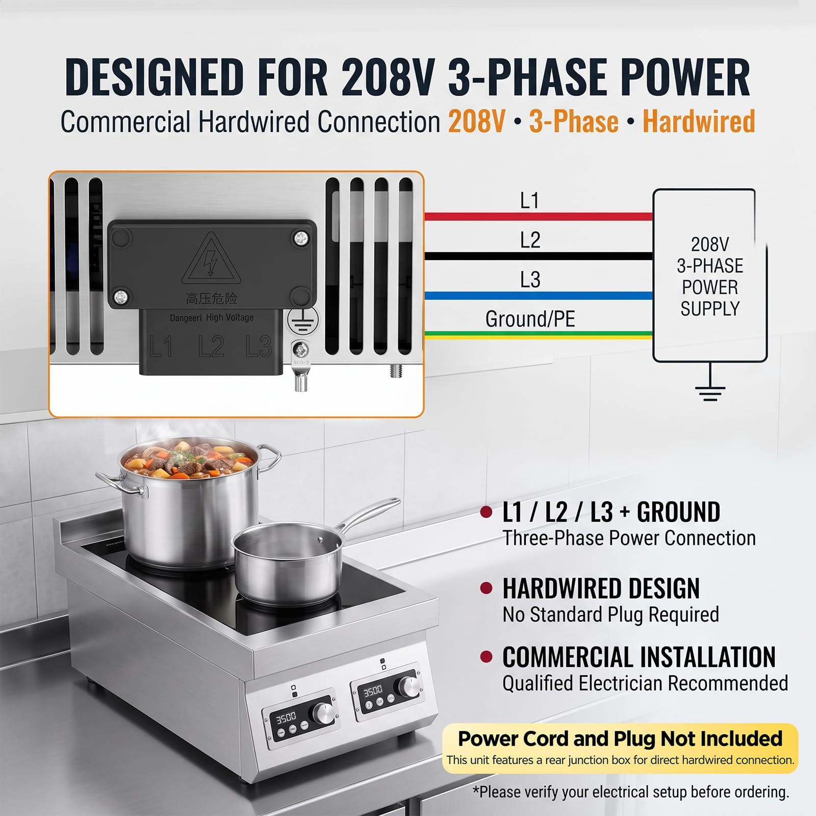 3500W 3-Phase 2-Burner Countertop Induction Cooker With Touch&Knob Control | Vertical