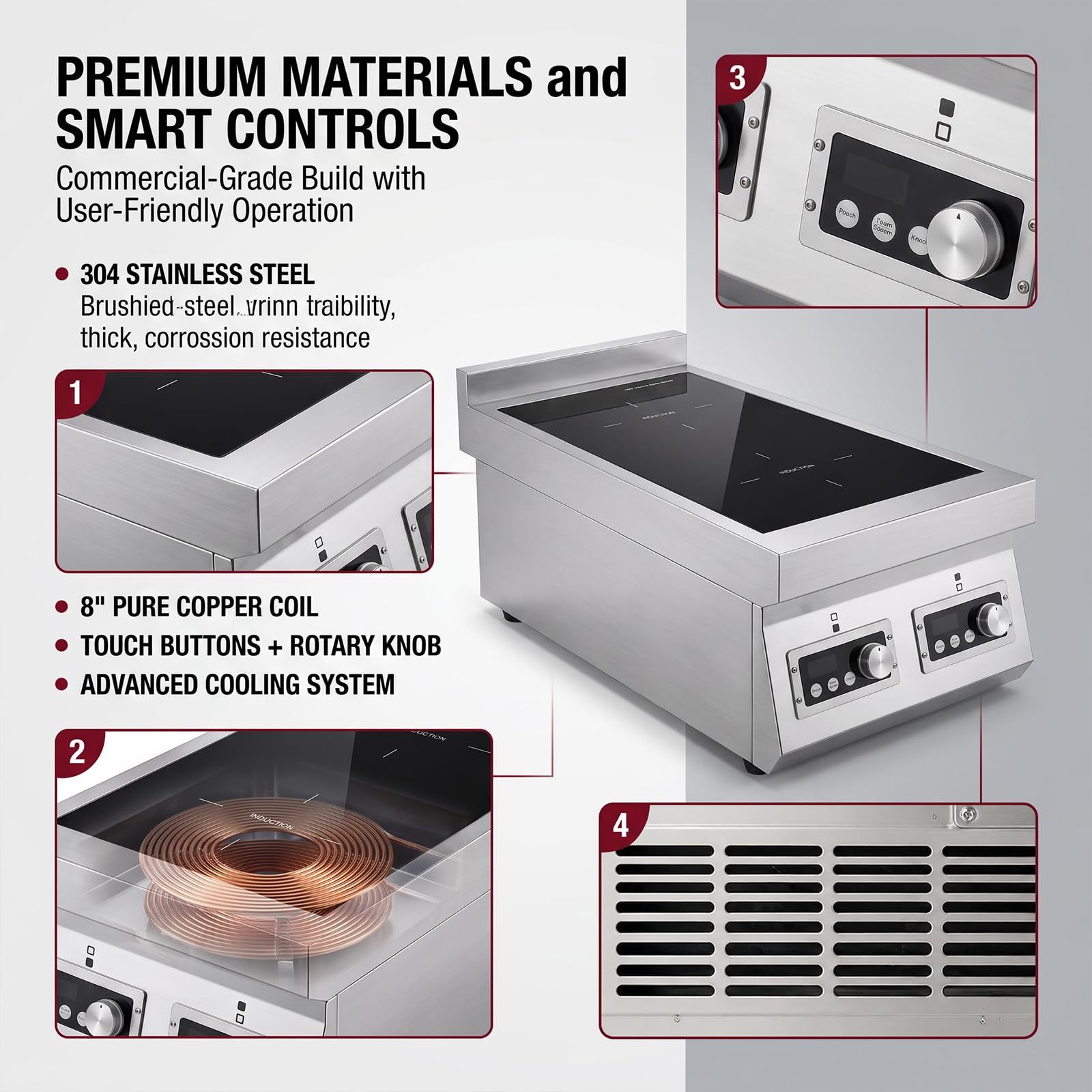3500W 3-Phase 2-Burner Countertop Induction Cooker With Touch&Knob Control | Vertical