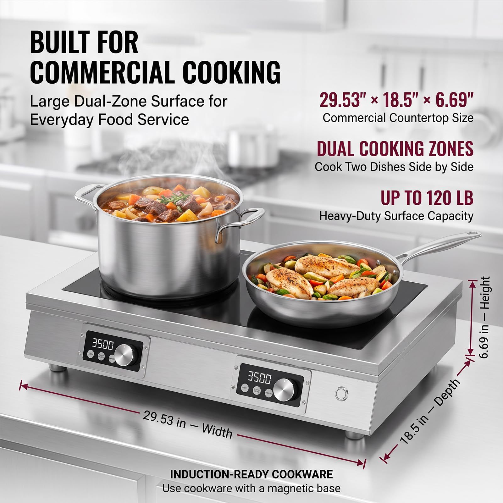 3500W 3-Phase 2-Burner Countertop Induction Cooker With Touch&Knob Control | Horizontal