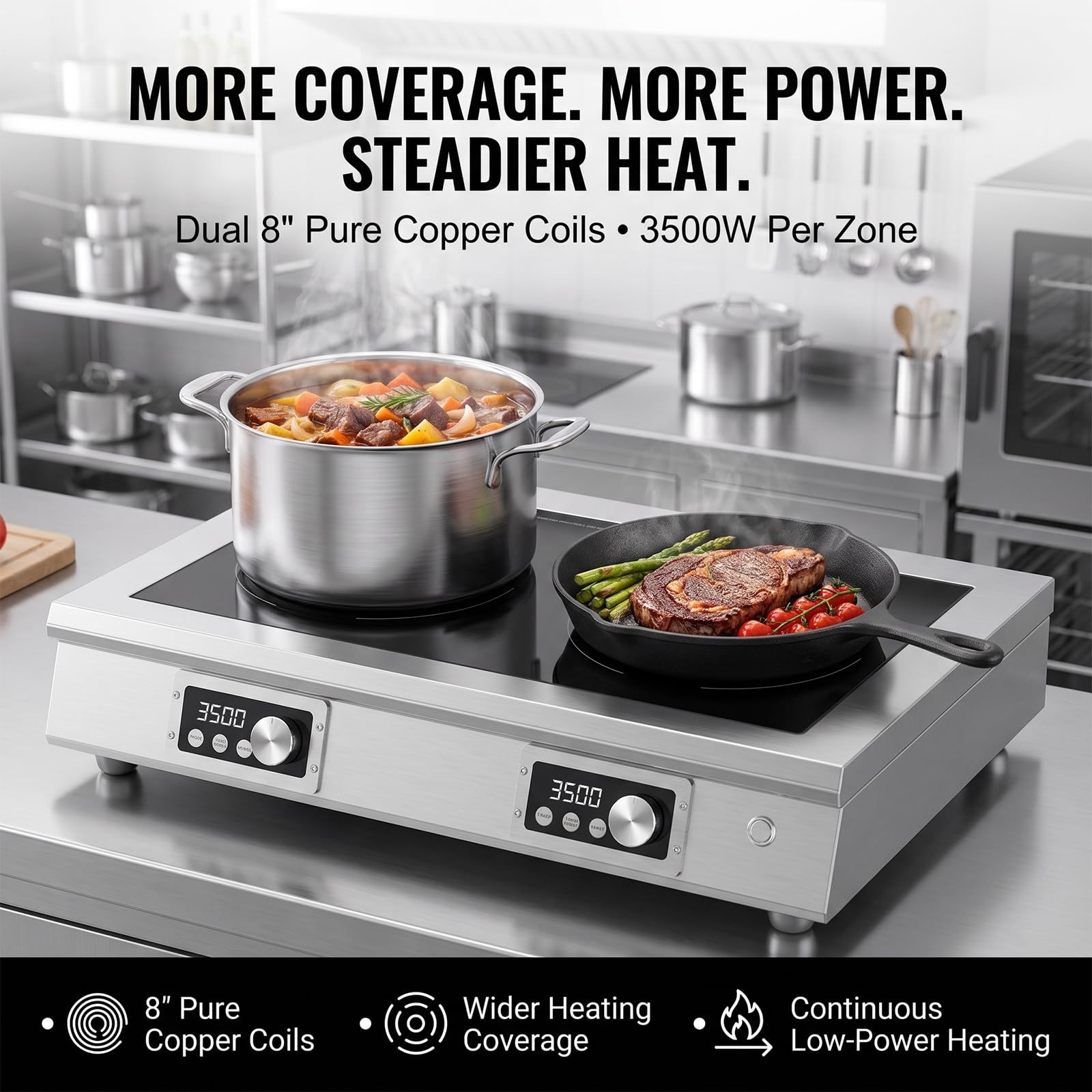 3500W 3-Phase 2-Burner Countertop Induction Cooker With Touch&Knob Control | Horizontal