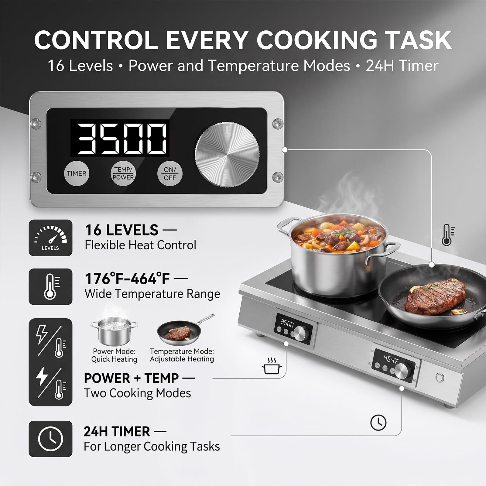 3500W 3-Phase 2-Burner Countertop Induction Cooker With Touch&Knob Control | Horizontal