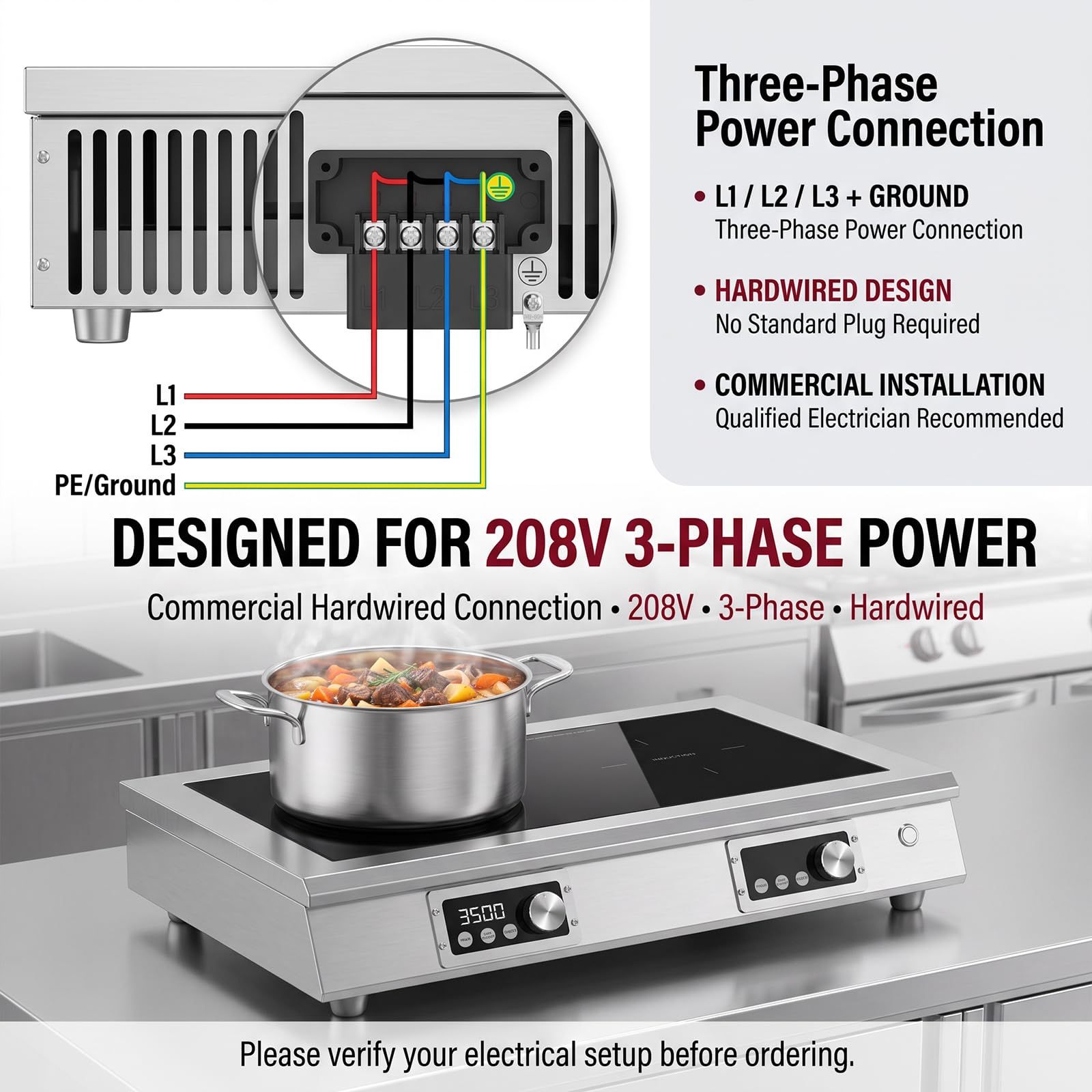 3500W 3-Phase 2-Burner Countertop Induction Cooker With Touch&Knob Control | Horizontal