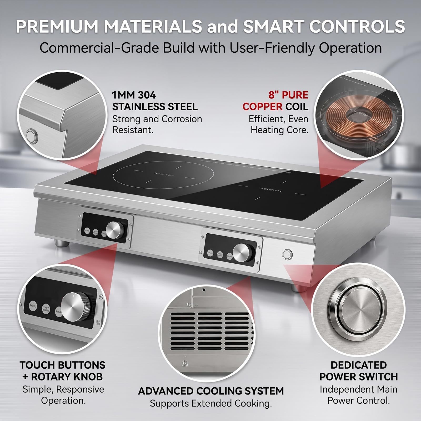 3500W 3-Phase 2-Burner Countertop Induction Cooker With Touch&Knob Control | Horizontal