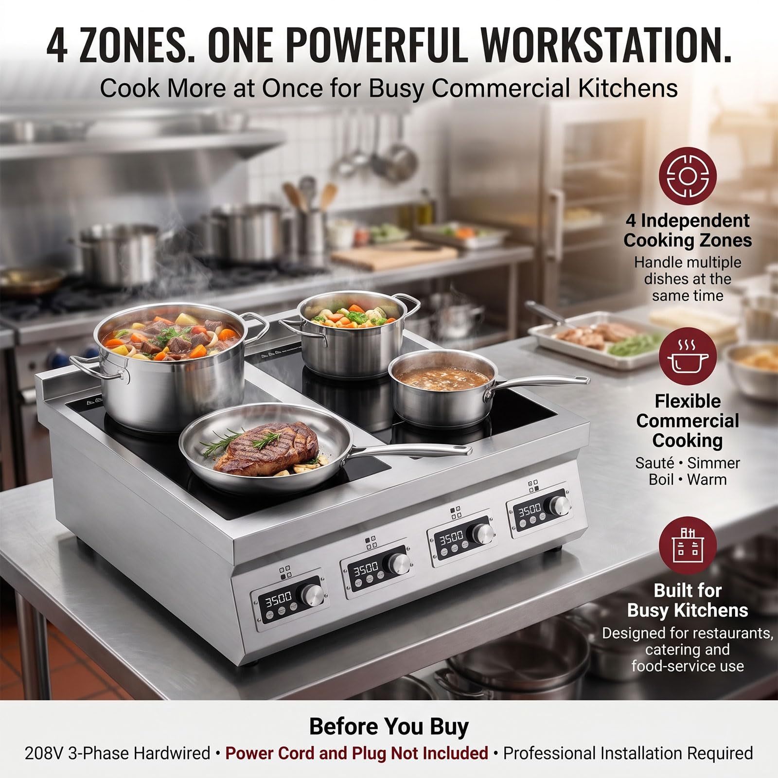 3500W 3-Phase 4-Burner Countertop Induction Cooker With Touch&Knob Control