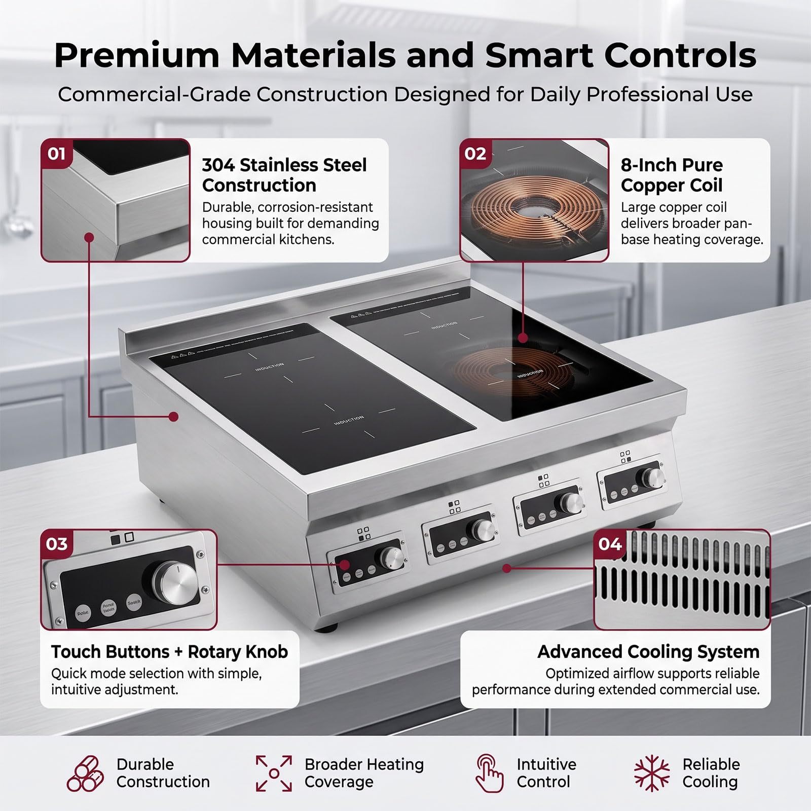 3500W 3-Phase 4-Burner Countertop Induction Cooker With Touch&Knob Control