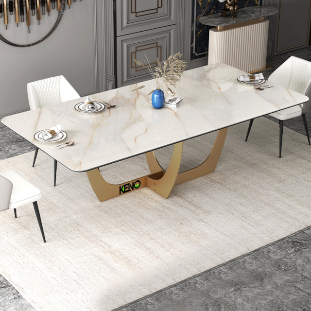 Marble Effect Dining Table, Rectangular Coffee Table with Gold Metal Legs