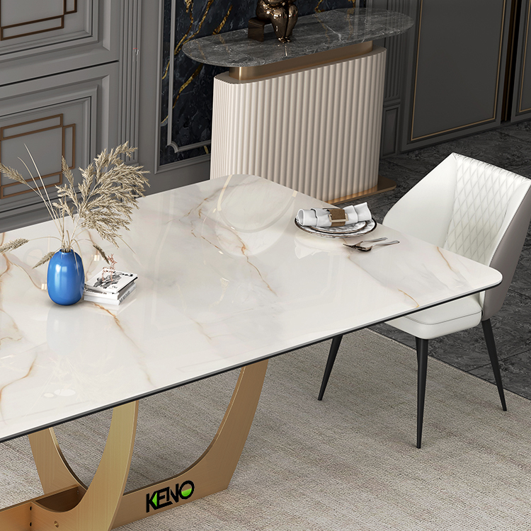 Marble Effect Dining Table, Rectangular Coffee Table with Gold Metal Legs