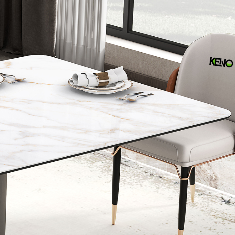 Dining Table 160cm for 6 People, White Faux Marble Top Dining Table, Stainless Steel Table Legs, With Chairs