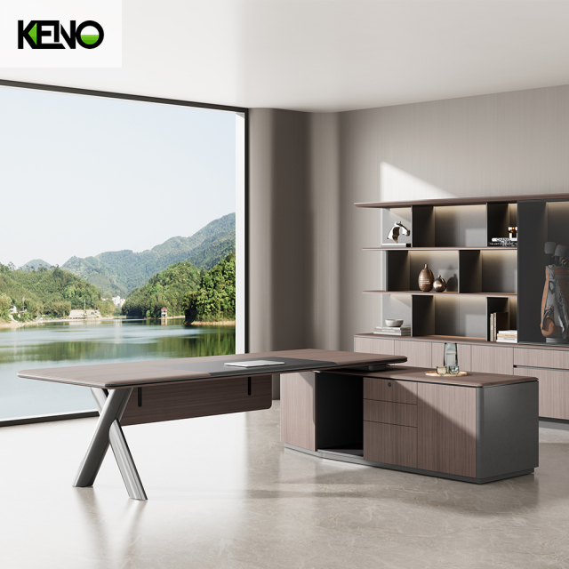 Ensemble de mobilier de bureau avec classeur, bureau de PDG de luxe gris foncé avec tiroir verrouillable