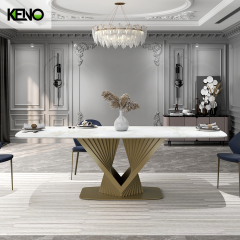 71-Inch Lavish White Glossy Sintered Stone Rectangular Fixed Dining Table with Metal Golden Base