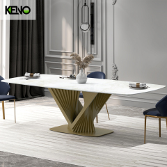 71-Inch Lavish White Glossy Sintered Stone Rectangular Fixed Dining Table with Metal Golden Base
