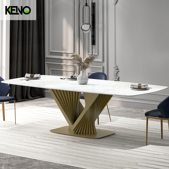 71-Inch Lavish White Glossy Sintered Stone Rectangular Fixed Dining Table with Metal Golden Base