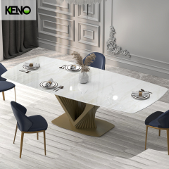 71-Inch Lavish White Glossy Sintered Stone Rectangular Fixed Dining Table with Metal Golden Base