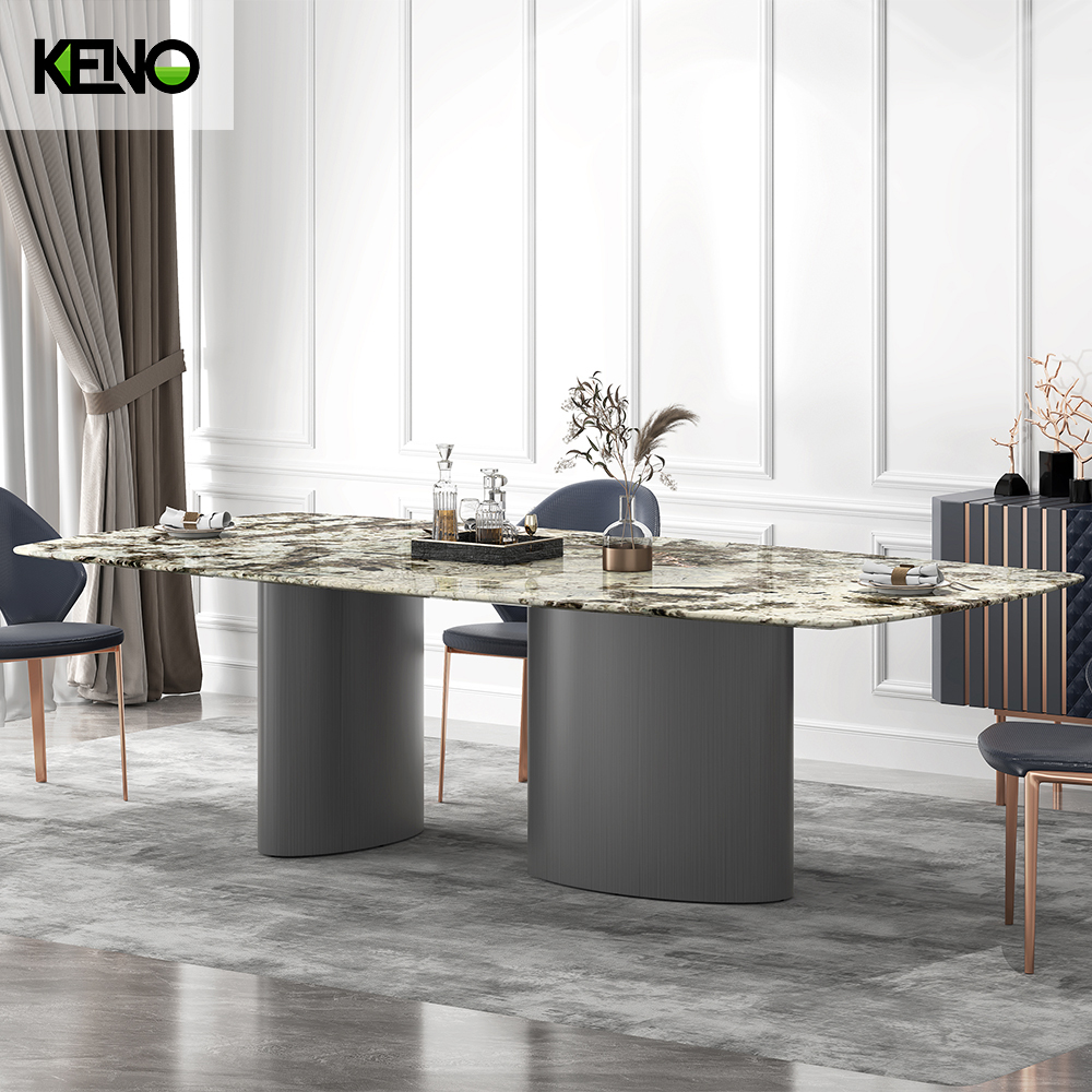 Table de salle à manger avec base en acier brossé noir, plateau en marbre, 180 cm, avec base en acier inoxydable