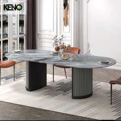 Ripple Fluted Legs Marble Oval Jade Dining Table with Double Pedestal Base for Home