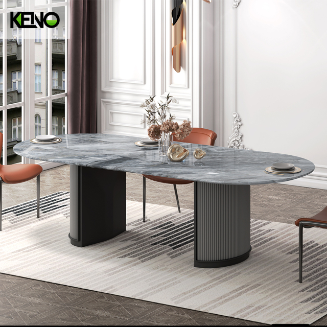 Ripple Fluted Legs Marble Oval Jade Dining Table with Double Pedestal Base for Home