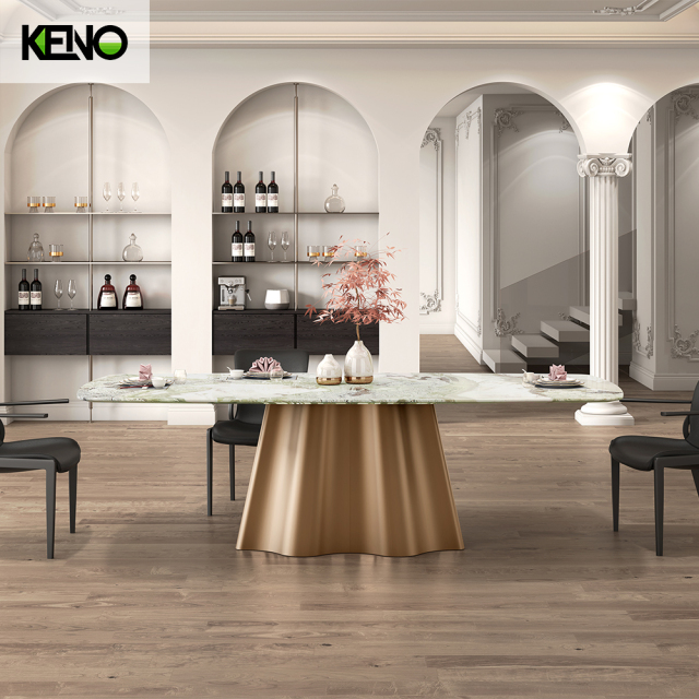 Light Blue Dining Tables and Chairs Heavy Duty Dine Furniture Gold Base Ceramic/Marble Dinning Table