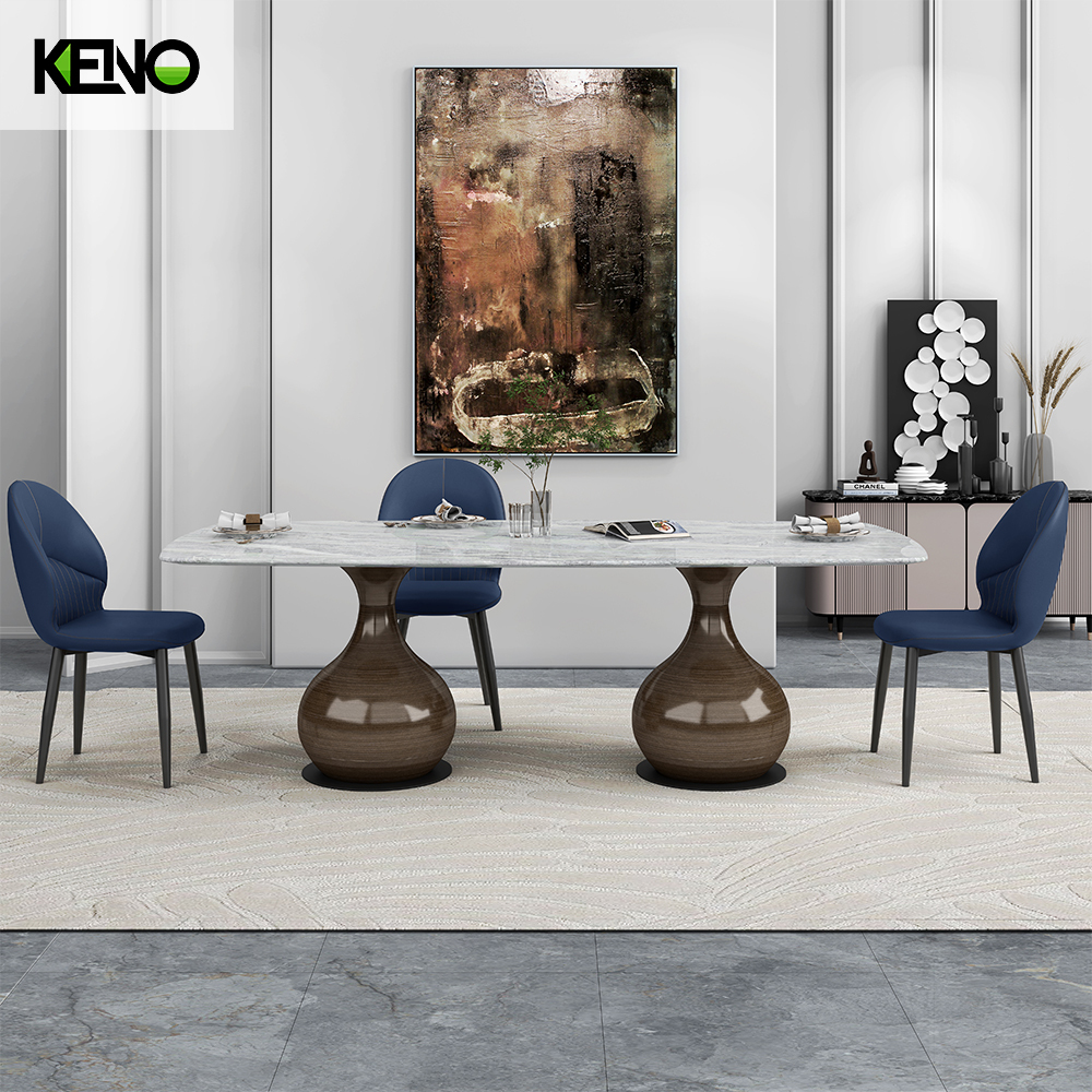 Table à manger en quartz blanc de style gothique Lucius personnalisable avec plus de couleurs et de tailles, base de conception de vase, table à manger de forme longue