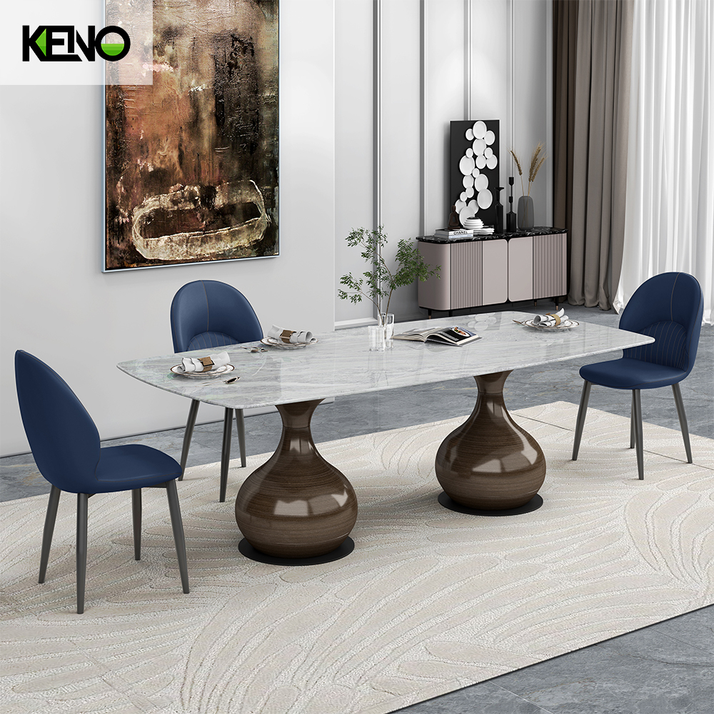 Table à manger en quartz blanc de style gothique Lucius personnalisable avec plus de couleurs et de tailles, base de conception de vase, table à manger de forme longue