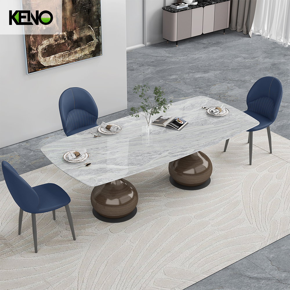 Table à manger en quartz blanc de style gothique Lucius personnalisable avec plus de couleurs et de tailles, base de conception de vase, table à manger de forme longue