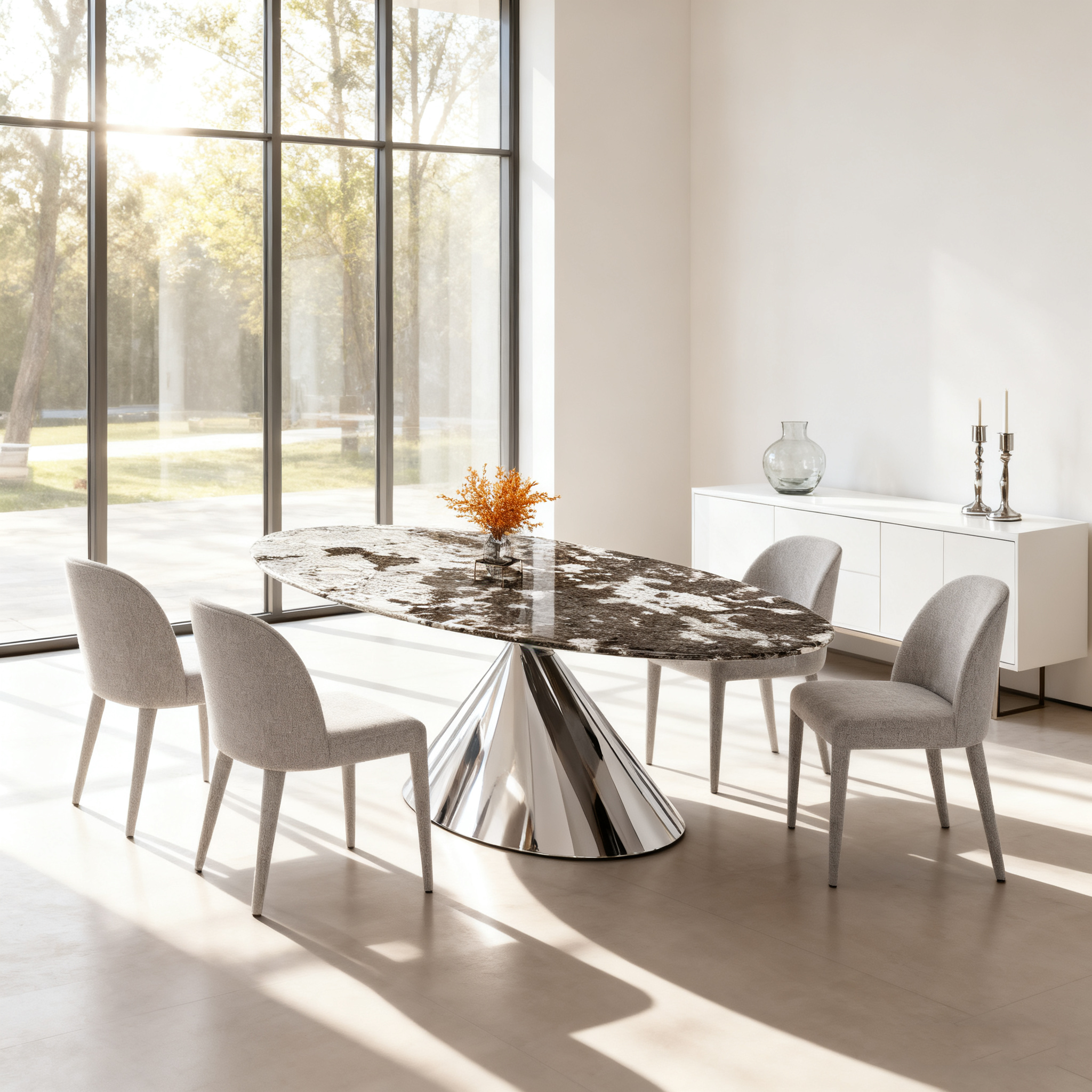 Table à manger en marbre naturel avec pieds en acier inoxydable