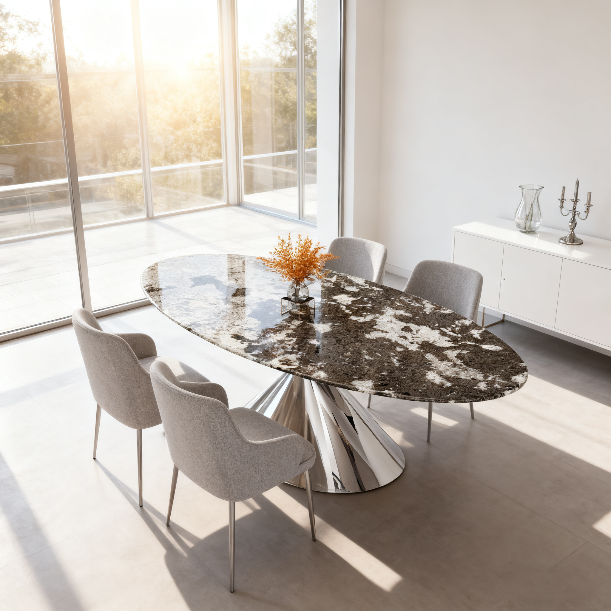 Table à manger en marbre naturel avec pieds en acier inoxydable
